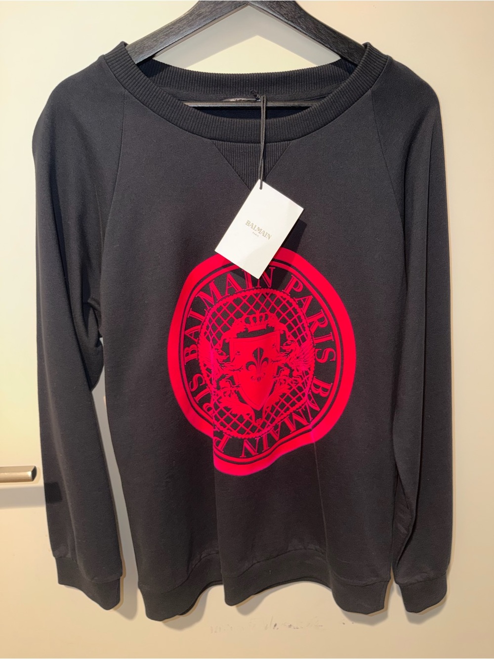 Balmain Black Crewneck Sweater with Hot Pink Logo